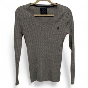 Y2K US Polo Assn Gray Ribbed V Neck Sweater Top